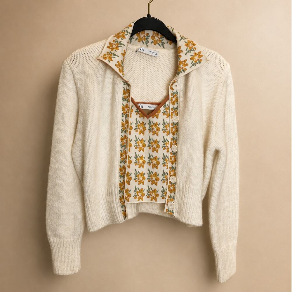 Zara Women's Cream Floral Sweater Cardigan & Camisole Set Size Medium